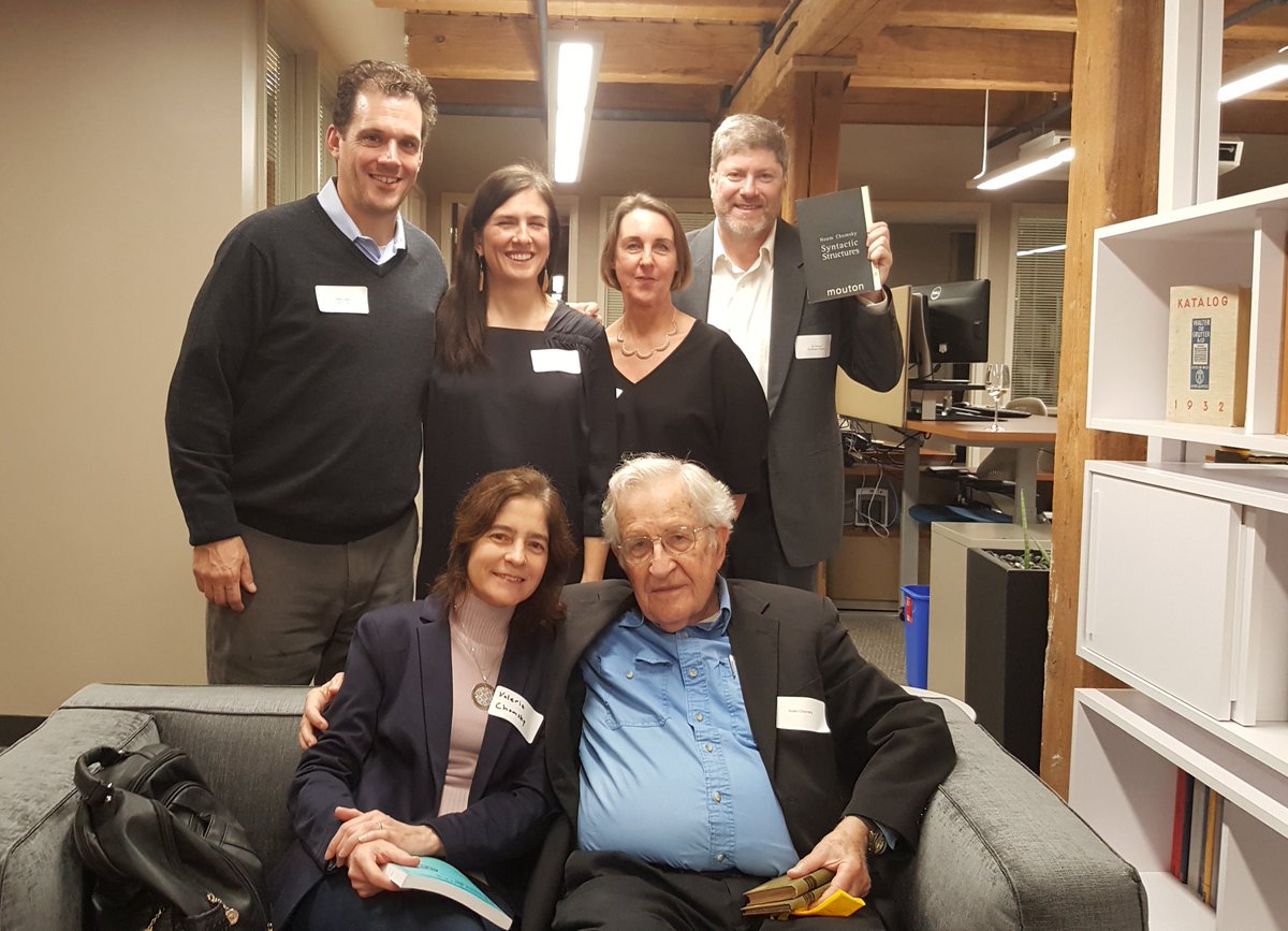 dg_mouton's tweet photo. Look who dropped in for De Gruyter Boston's office warming party last night! :) #NoamChomsky #Chomsky #SyntacticStructures https://t.co/buWgfbDXk7
