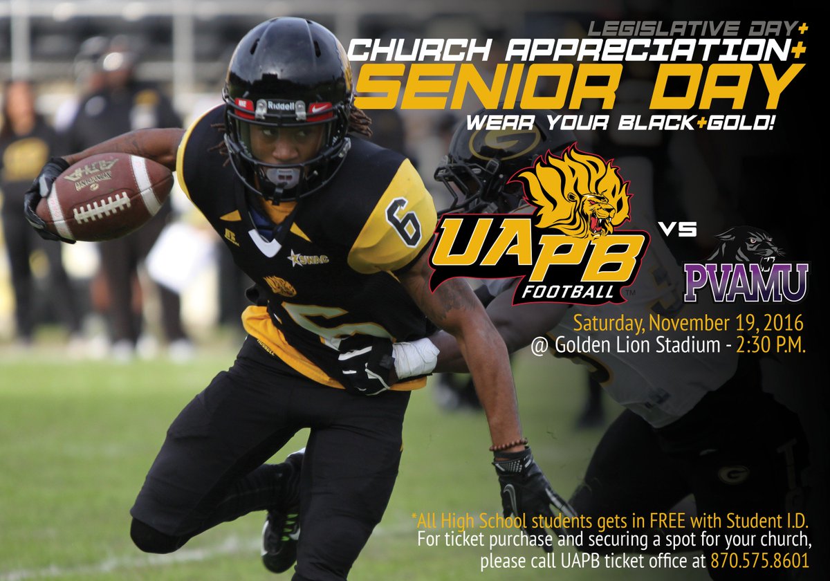 UAPBLionsRoar's tweet photo. (2 DAYS TO GAMEDAY!)

Kickoff on Nov. 19 vs Prairie View will be @ 2:30 p.m.  

ALSO UAPB WOULD LIKE TO GIVE THANKS TO ALL OF OUR SENIORS!!🏈 https://t.co/R3gfqPZBRf