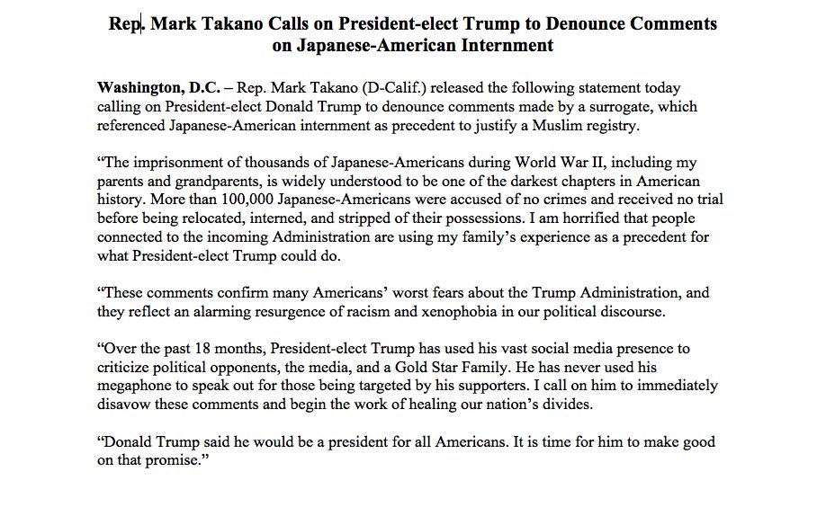 RepMarkTakano's tweet photo. I'm calling on @realDonaldTrump to immediately denounce the comments made by a surrogate regarding Japanese-American Internment. https://t.co/Nd9oSP4L5s