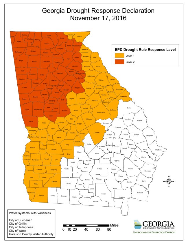 GovernorDeal's tweet image. (1/3) I have approved a Level 2 Drought Response designation for 52 counties and a Level 1 designation for an additional 58 counties.