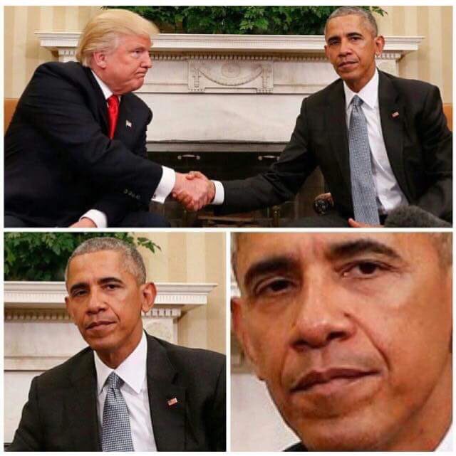 ForgivenLady's tweet image. Hoje eu to só o Obama apertando a mão do Trump