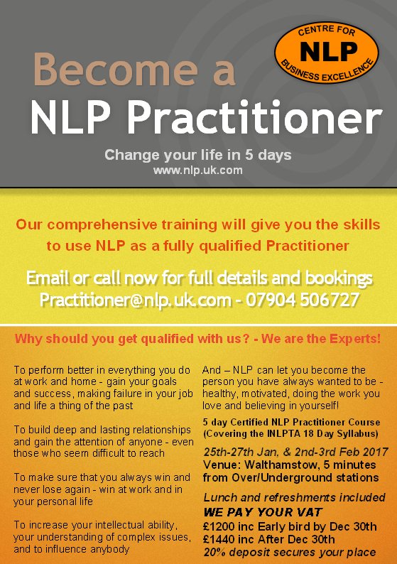 NLPBob's tweet image. NLP Practitioner Course East London Jan 2017 Amazing value and change your life in 5 Days!
