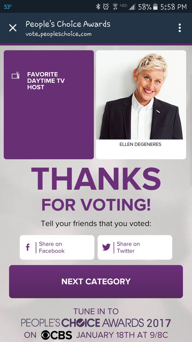 mskarabrooke89's tweet photo. I had to vote for my favorite #DayTimeTVHost @TheEllenShow #EllenFan #EllenDeGeneres #SheDeservesIt #EllenForTheWin #PCAs https://t.co/8bLqaIq4Pm