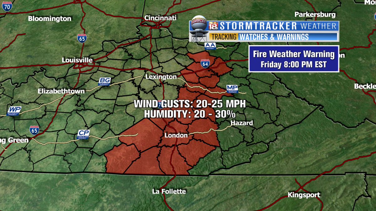 BillMeck's tweet photo. A FIRE WEATHER WARNING (RED FLAG) has been issued and will take effect noon to 8 p.m. Friday. #kywx #kydrought https://t.co/CNXxP6bCPb