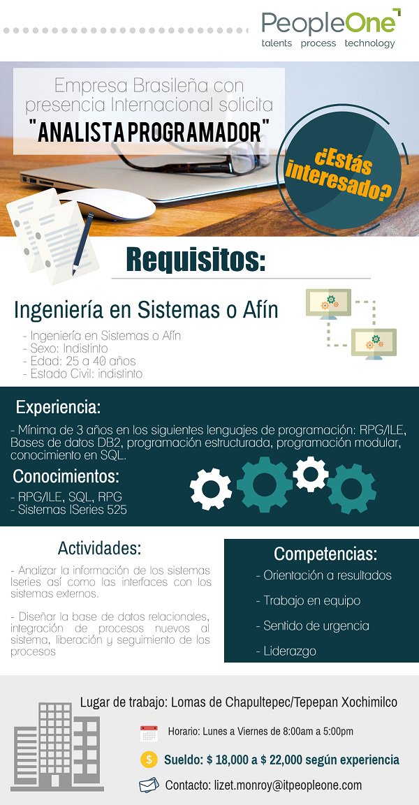 PeopleOne_IT's tweet photo. Solicitamos ANALISTA PROGRAMADOR lenguajes RPG/ILE/SQL/PG, Sistemas ISeries 525 $18 a $22,000 ZonaTepepan Envia CV contacto@itpeopleone.com https://t.co/l3XRtGBv5r