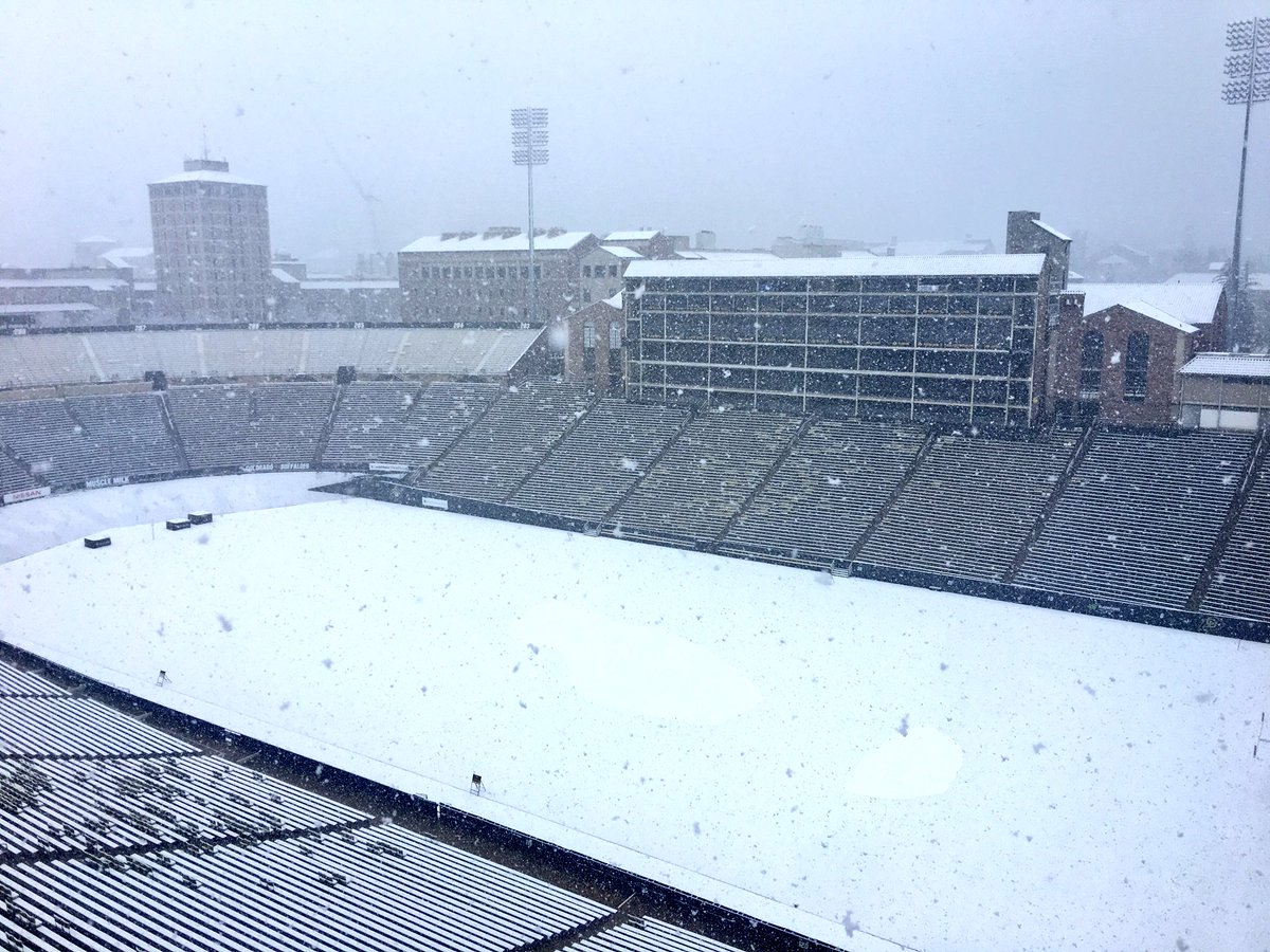 CUBuffs's tweet photo. Our annual first snow of the season photo. A little later than normal. Saturday will still be beautiful. #theRISEdontCAREaboutSNOW https://t.co/wMUIRC0qku