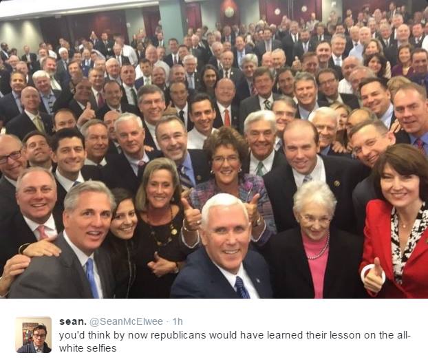 House Republicans selfie.  Not a single person of color.  #SoWhite #DiversityinGovernment #GOPMinorityOutreach