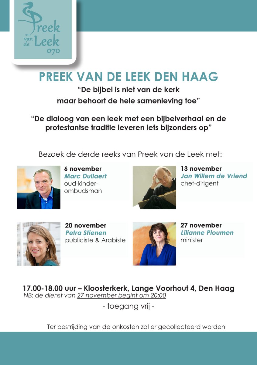 Mis het niet! - zondag gaat <a href="/petra_stienen/">Petra Stienen</a> voor in de @preekvdleek070 #Kloosterkerk 17.00u - buff.ly/2fI3jZJ