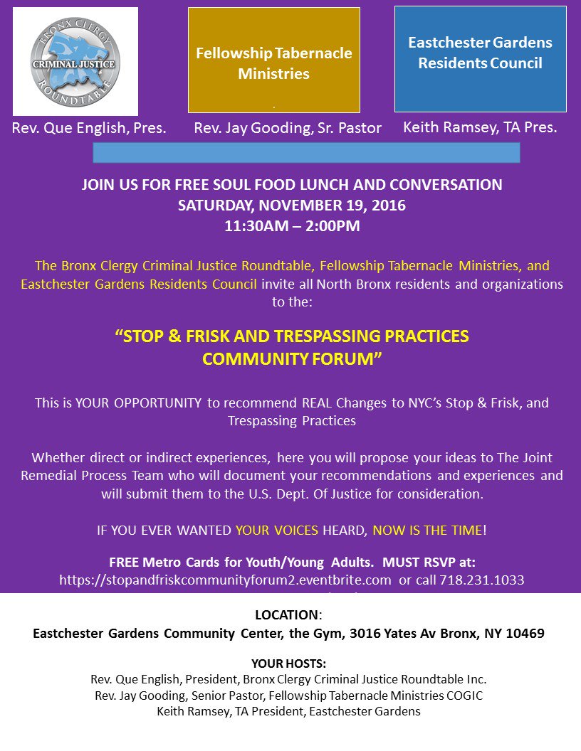 QueForSenate's tweet photo. stop frisk and trespassing community forum 11/19 11:30am lunch served https://t.co/PfKp7NyoJy