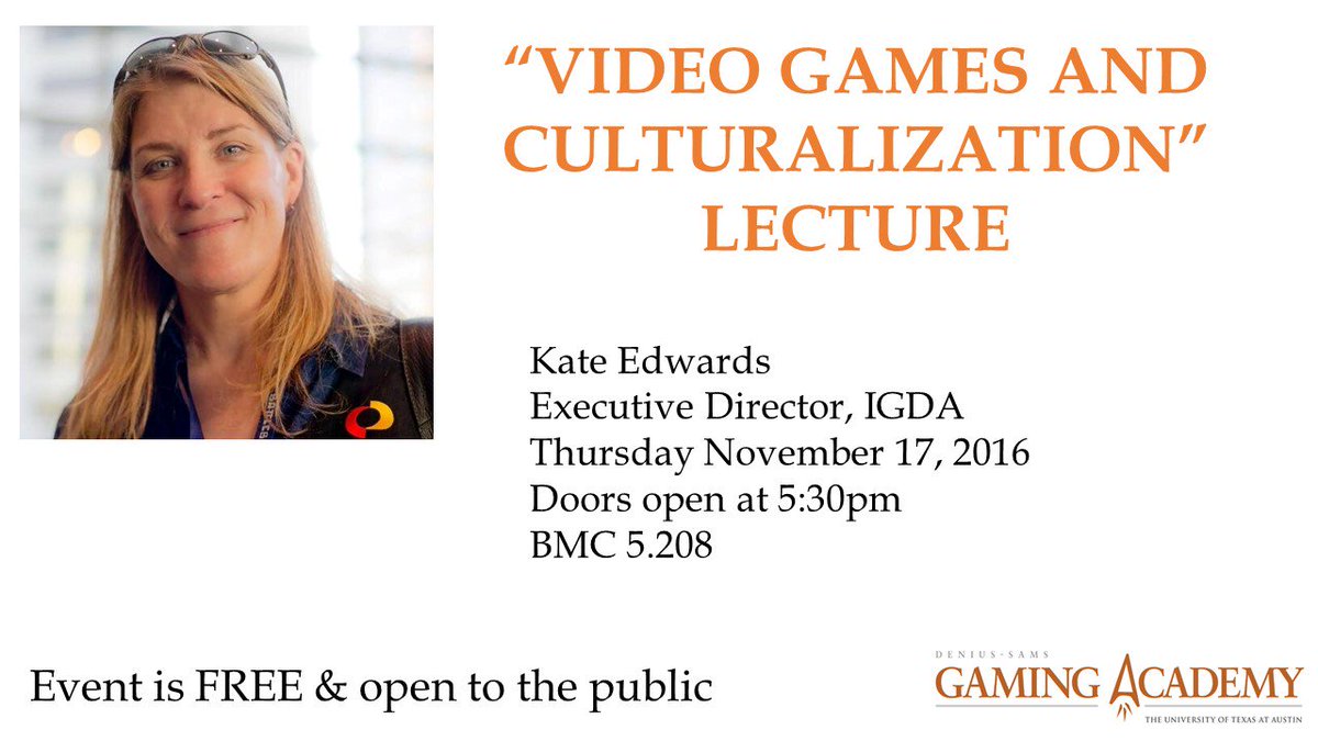 Kate Edwards will be speaking TONIGHT at 6:00! See you there! #DSGA #gamedev #leadership #videogames #UTAustin

facebook.com/events/1725517…