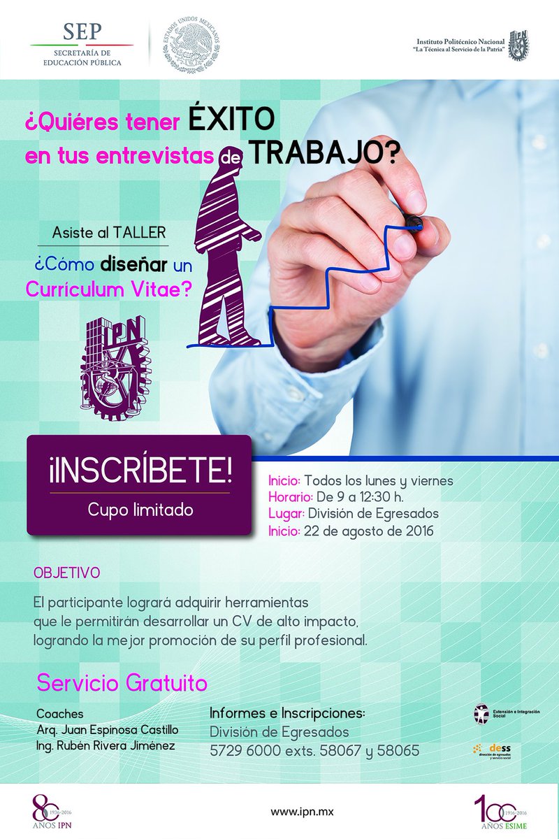 IPN_DESS's tweet photo. #EgresadoIPN ¿Buscas trabajo? Aprovecha este taller y aprende a preparar un CV de Alto Impacto. SOLO 25 DE NOVIEMBRE Y 2 DE DICIEMBRE https://t.co/rFkniVQLyO