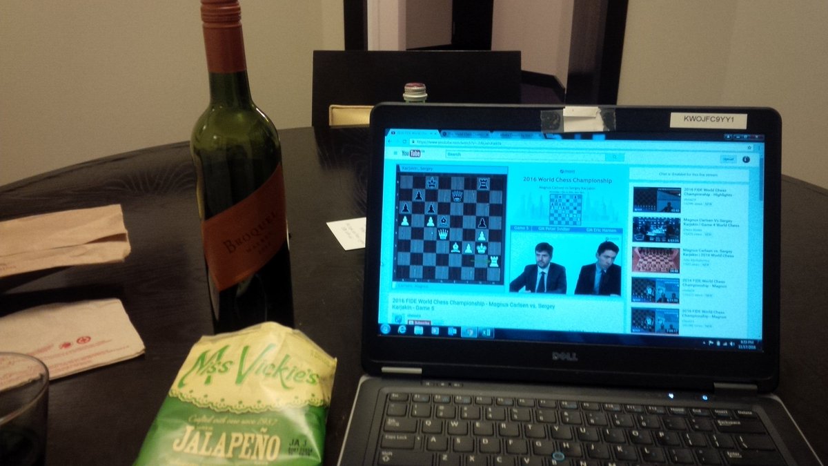 TACjr6's tweet photo. Best way to enjoy the excellent commentary from @hansenchess and @polborta in Game 5...interesting game, drawish yes, but still possibilies https://t.co/pLAENNydEN