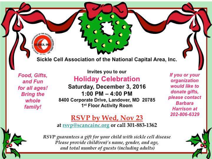 FOOCSickleCell's tweet photo. The Sickle Cell Association of the National Capital Area, Inc. is hosting their annual holiday party. RSVP now! https://t.co/bAPl4jeh3G https://t.co/9vI4wt2bUK