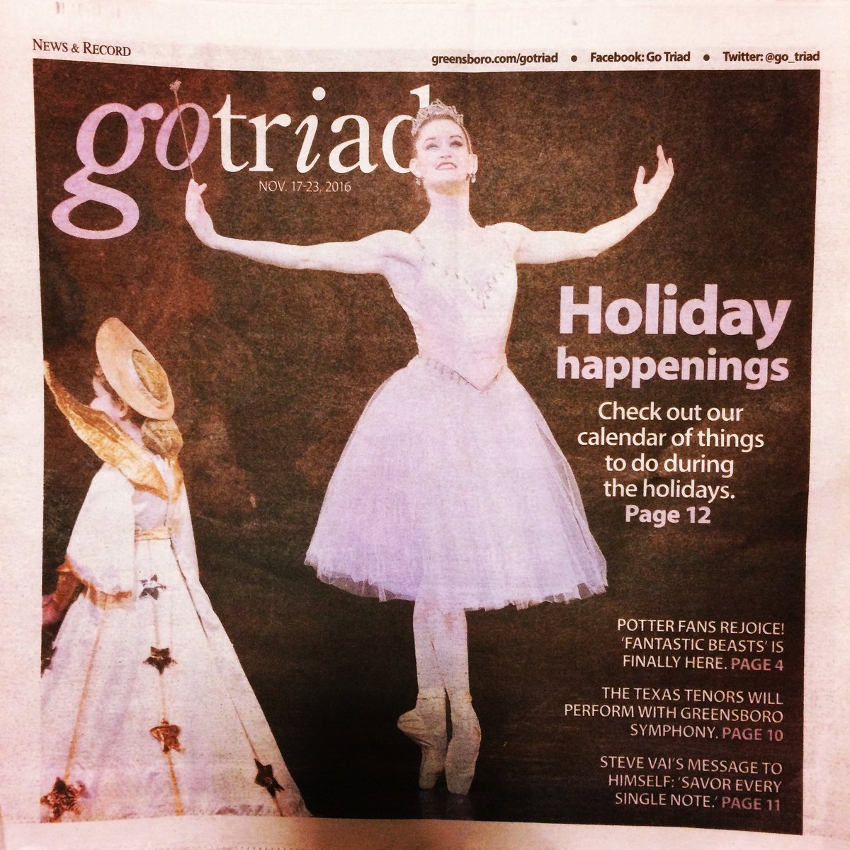 GSOBALLET's tweet photo. Did anyone see our lovely #GalaNutcracker2016 guest artist, @meganlecrone on the cover of #GoTriad today? 🎄
#sogso #nutcracker #sugarplum https://t.co/8p3QJJHla8