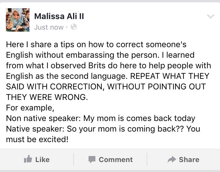 malissaali's tweet photo. How to correct someone's English without embarrassing anyone? https://t.co/scbAfnxtiS