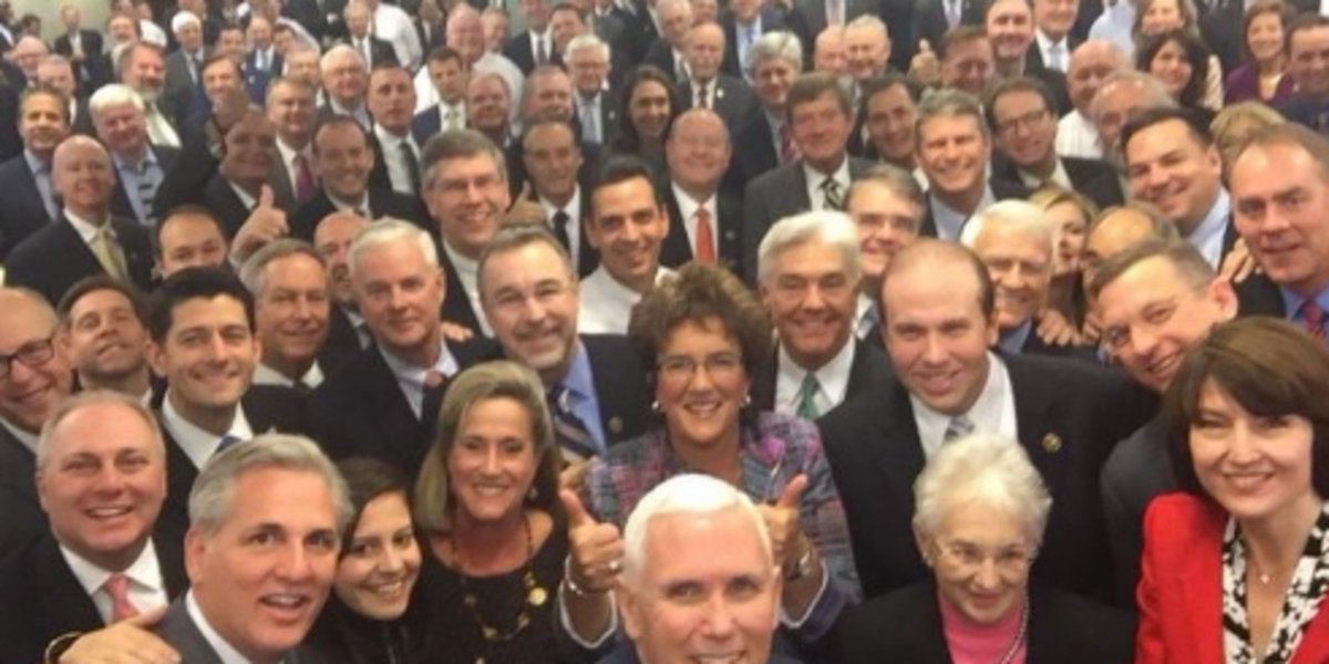 HuffPost's tweet photo. Mike Pence and House Republicans pose for the whitest selfie ever https://t.co/EQU4MDXV8T https://t.co/klbjmZDjAJ