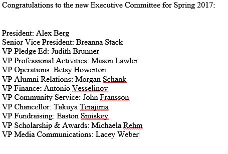 Congrats to the new Executive Committee for Spring 2016.