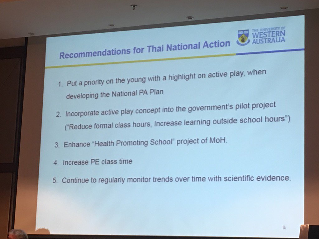 Sportscience_sa's tweet photo. Big focus in Thailand to increase active play including reducing formal school hours #ISPAH2016 #FGrade #reportcard https://t.co/WRqRMIkoJS