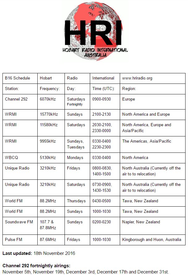 hobartradiointl's tweet photo. Minor changes to our B16, Channel 292 moved to Saturday 0900UTC. https://t.co/jLHWU54Iul