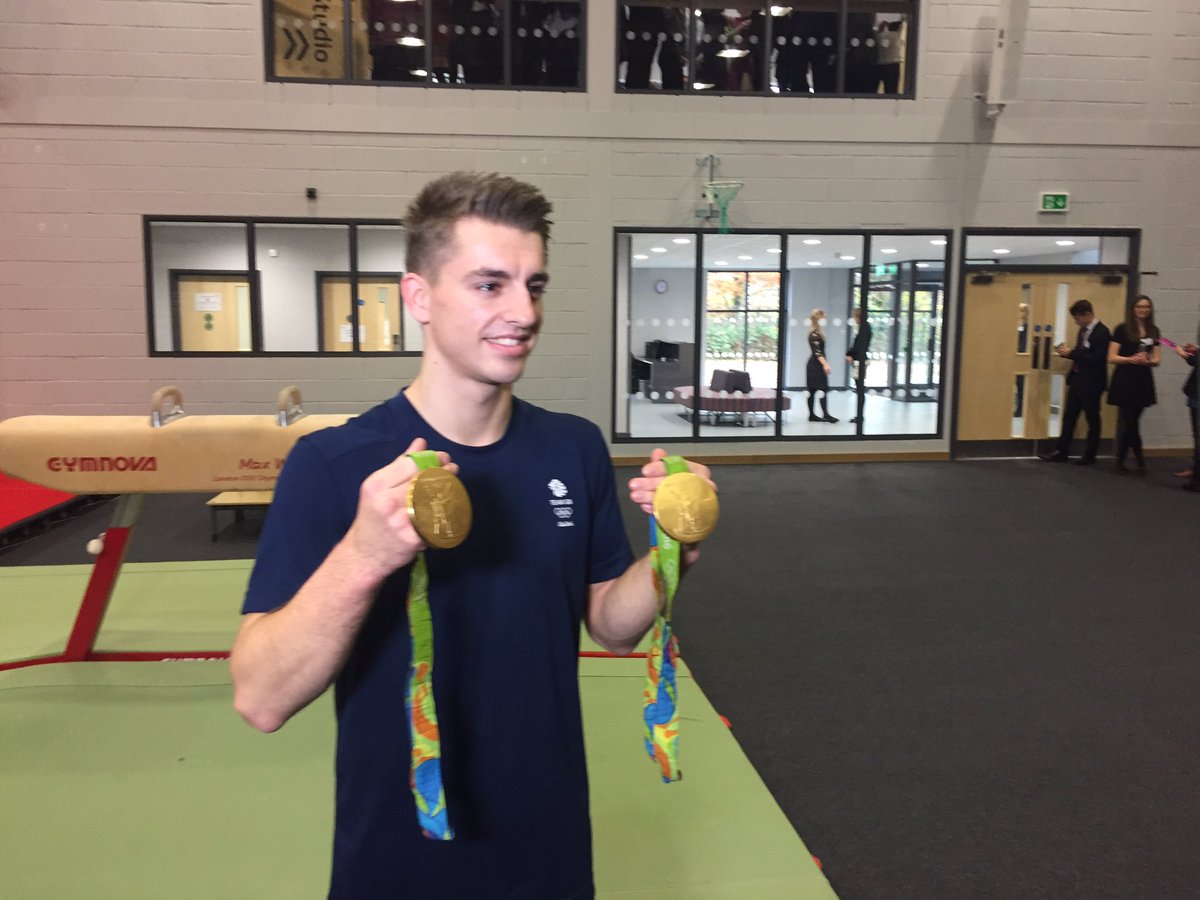 TomSavvidesITV's tweet photo. Double Olympic gold medalist Max Whitlock at the Weald of Kent Grammar school in Tonbridge https://t.co/c2bnVcaIJB