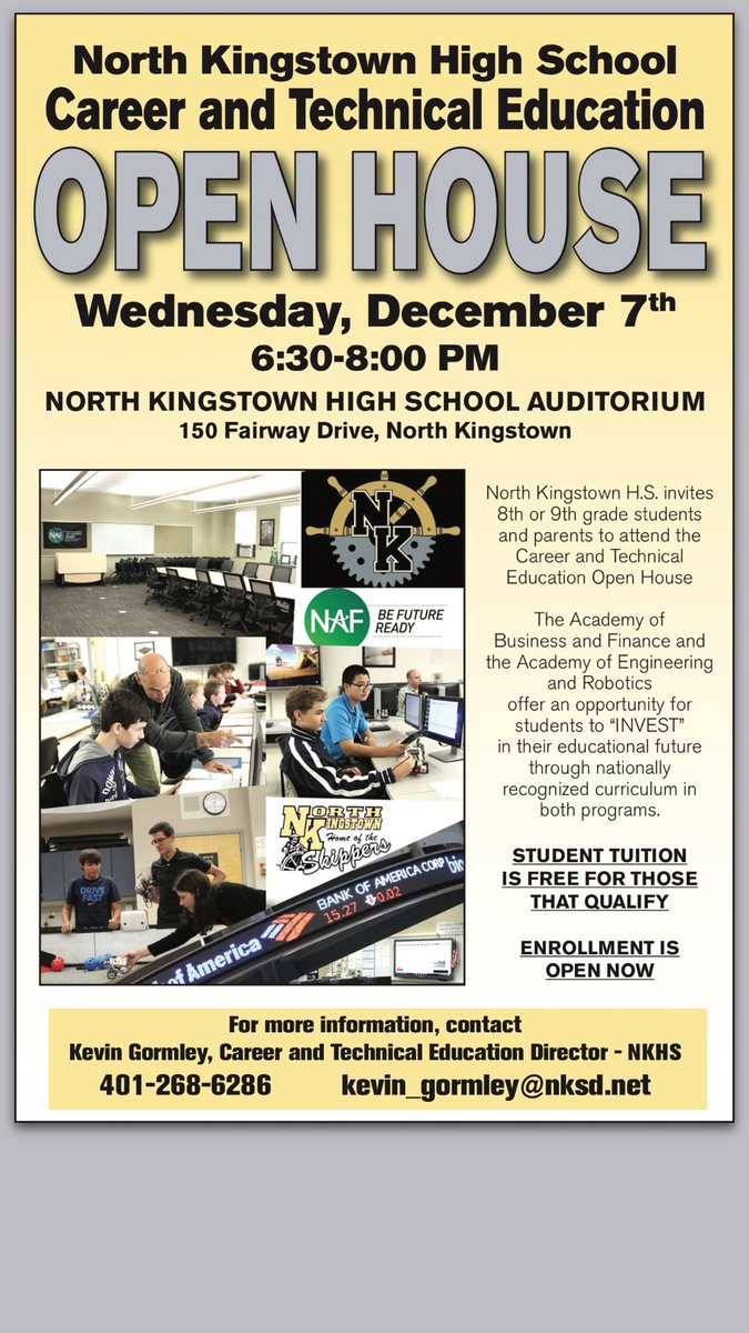 joytavano's tweet photo. NKHS has 2 CTE academies for RI students! Open house 12/7 @ 6:30pm. Spread the word. https://t.co/uqFL5Yc69m