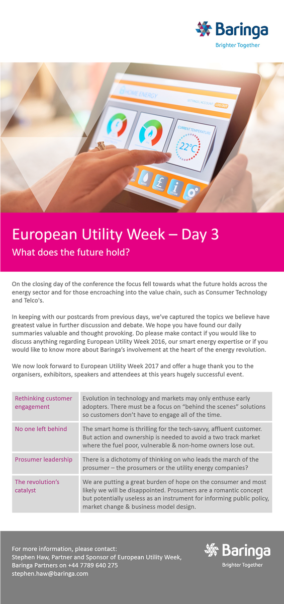 Baringa's tweet photo. Our #postcard highlighting the 3rd day's #key #observations from #EUW2016 is out! Read it here: https://t.co/59HgCYHV0b @EUW_live https://t.co/XqecIO6YxV