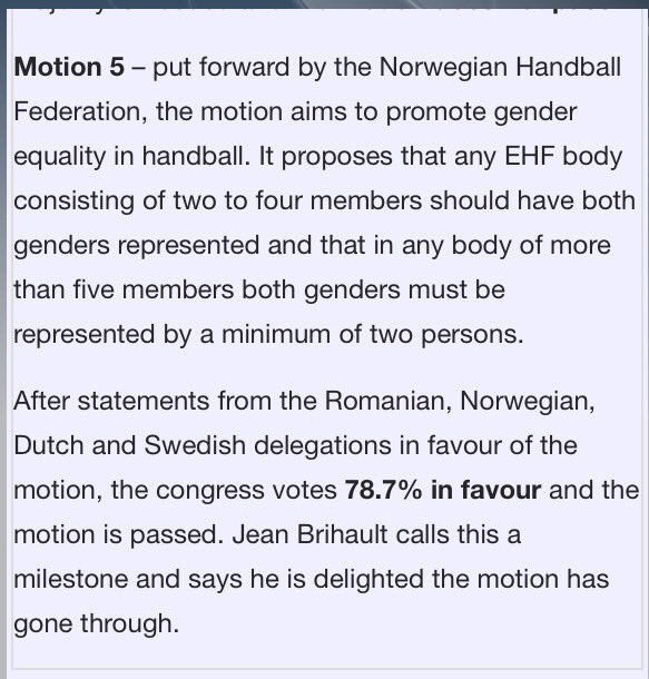 etlangerud's tweet photo. Etter flere års arbeide får vi endelig flertall på EHF kongressen for vårt forslag om "gender equality". Strålende🇳🇴👍 https://t.co/mIBayi2FGi