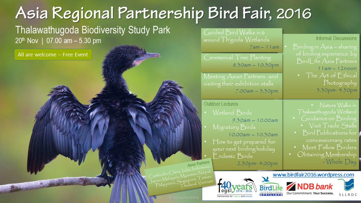 FOGSrilanka's tweet photo. #BirdFair2016 to be held at Thalawathugoda Wetlands with BirdLife Asia on 20th nov. from 7am - 5.30pm. Event is free - all are welcome. https://t.co/vgaaWVZAZP
