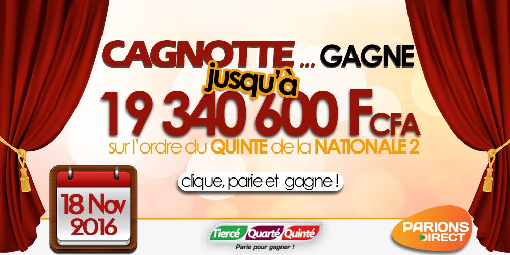 ParionsDirect's tweet photo. #CAGNOTTE
Tentez de partager 19.340.600 sur la Nationale 2 de ce Vendredi 18 Novembre 2016.
RDV sur https://t.co/zMJvV7X9pQ https://t.co/x5XcTiaF5B