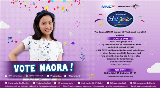 NaoraIdolJr's tweet photo. Selamat sore teman-teman, jangan lupa ya untuk tetap dukung aku lewat Google Vote atau sms. Terima kasih :) https://t.co/jgpP7E7SNe