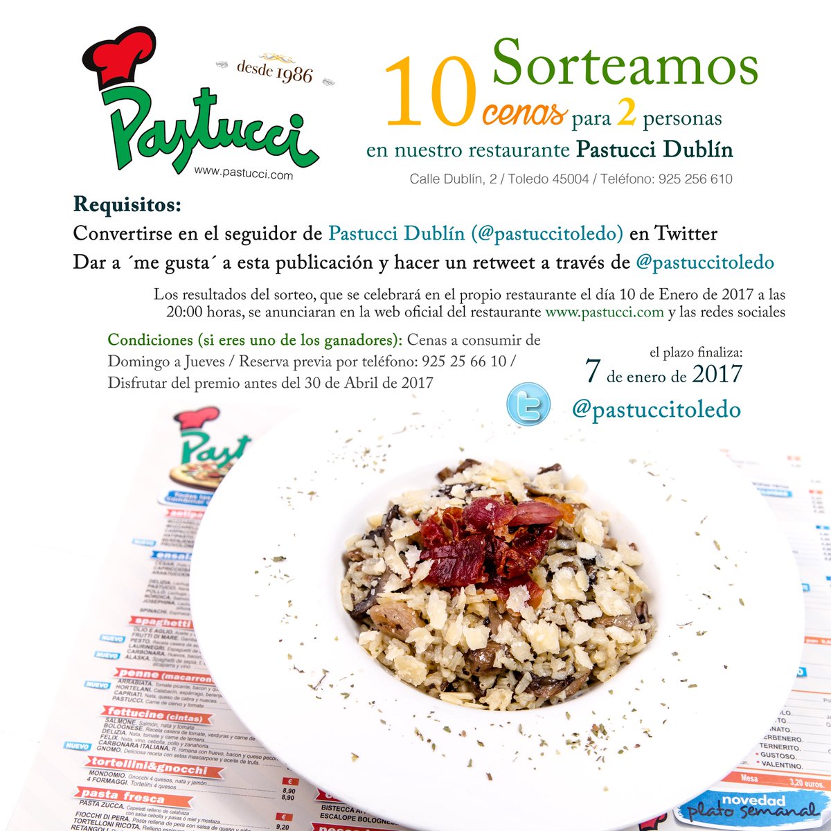 pastuccitoledo's tweet photo. Sorteamos 10 cenas para 2 personas en nuestro restaurante Pastucci Dublín (C/ Dublín, 2 - Toledo 45004 - Tel.: 925 256 610). #sorteopastucci https://t.co/dUPoE02m4y
