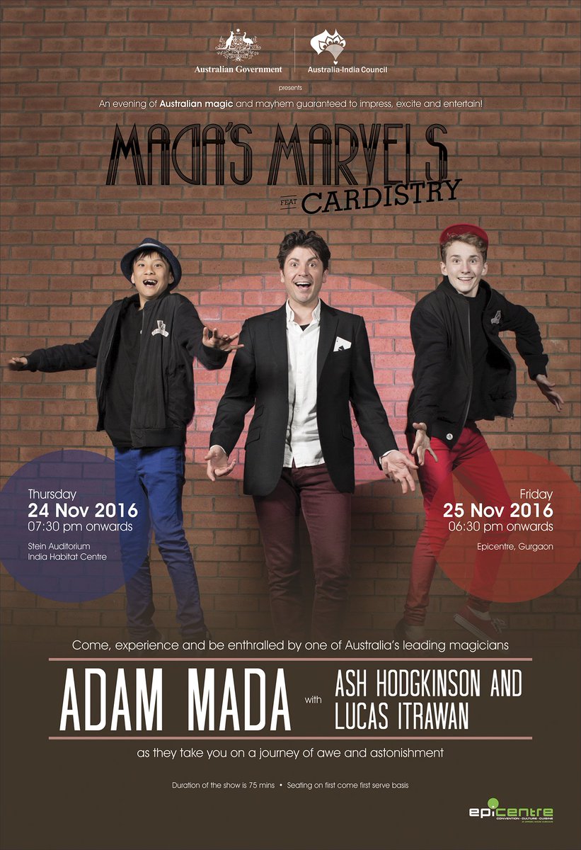 AusHCIndia's tweet photo. Australia’s finest magician Adam Mada is coming to India to perform his show ‘Mada’s Marvels’ in Delhi &amp; Gurgaon. #AusIndiaCouncil https://t.co/uoKvbobbzk