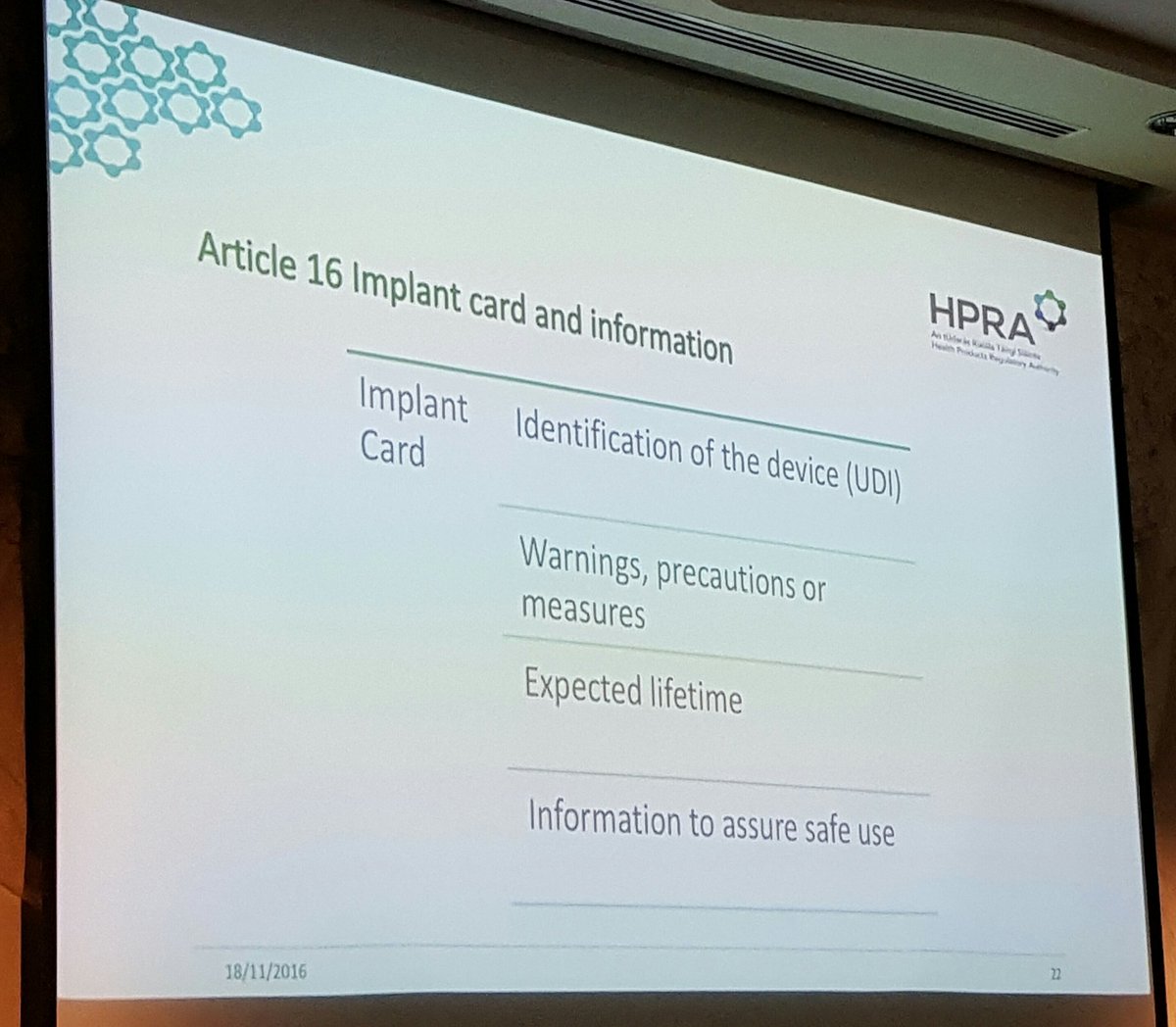 sioduggan_GS1's tweet photo. Scope of #MDR includes importance of #idenification #UDI, implant card- patient awareness- Maria Carleton #hpradevicesday #GS1 @TheHPRA #UDI https://t.co/SlbVfrlJTT