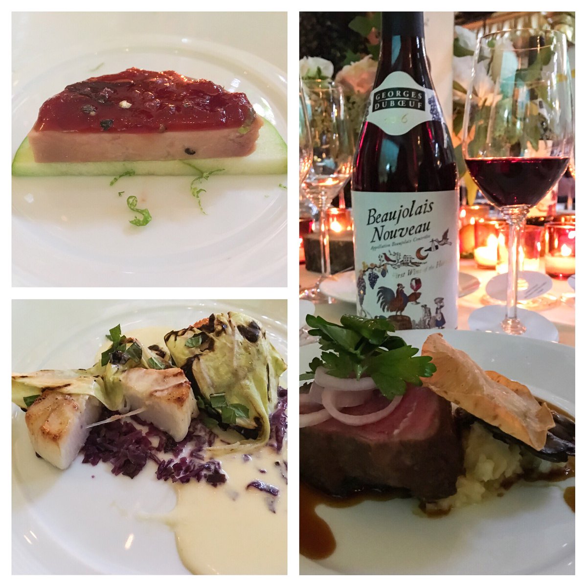 Foie gras, scallops, filet &amp; #BeaujolaisVillagesNouveau! Big thanks to <a href="/GeorgesDuboeuf/">Georges Duboeuf</a> for a lovely #TheFirstWineOfTheHarvest celebration!