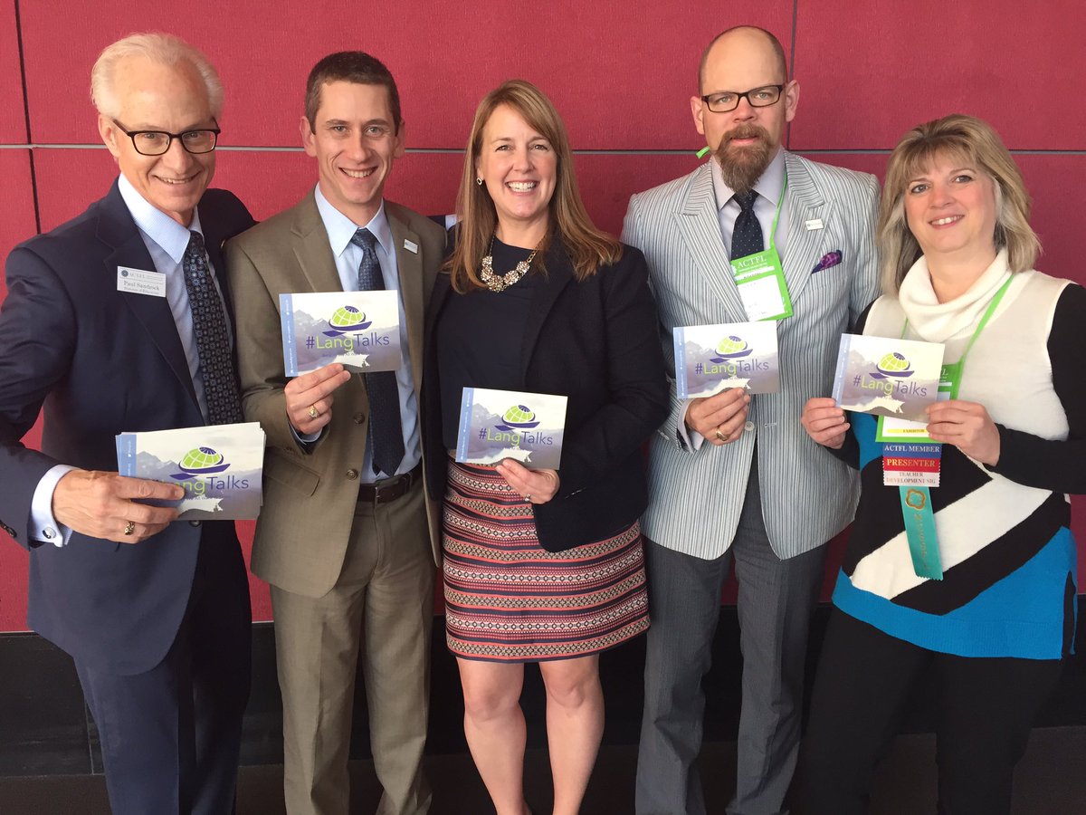 LangTalks crew flashing publicity/recruitment cards. Because grassroots free PD is a good thing! #actfl16 #langtalks