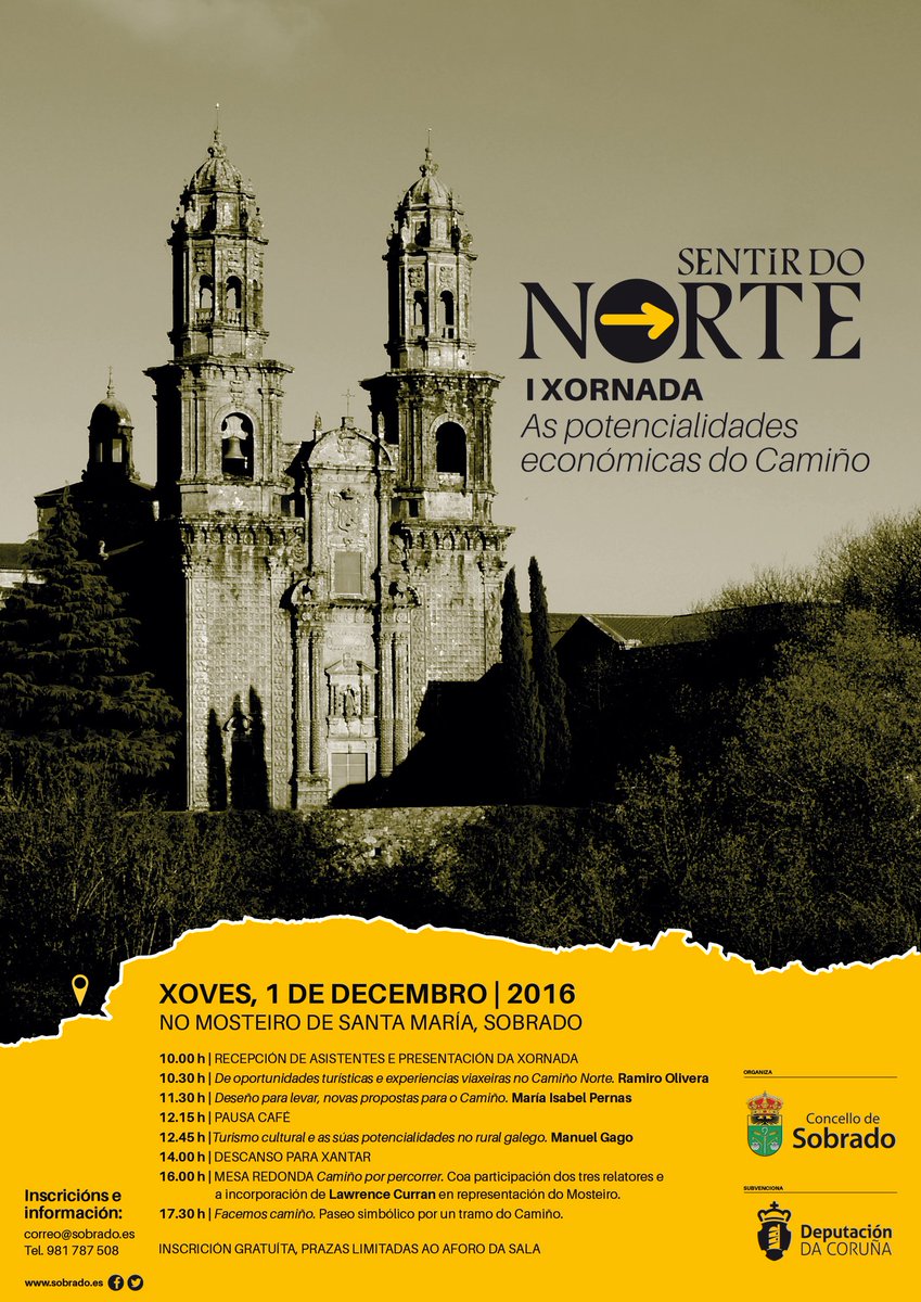 Concello de Sobrado (@concsobrado) on Twitter photo Convidámosvos a participar na I Xornada de #SentirdoNorte, 1 de decembro. Inscrición gratuíta: correo@sobrado.es Convidámosvos a participar na I Xornada de #SentirdoNorte, 1 de decembro. Inscrición gratuíta: correo@sobrado.es