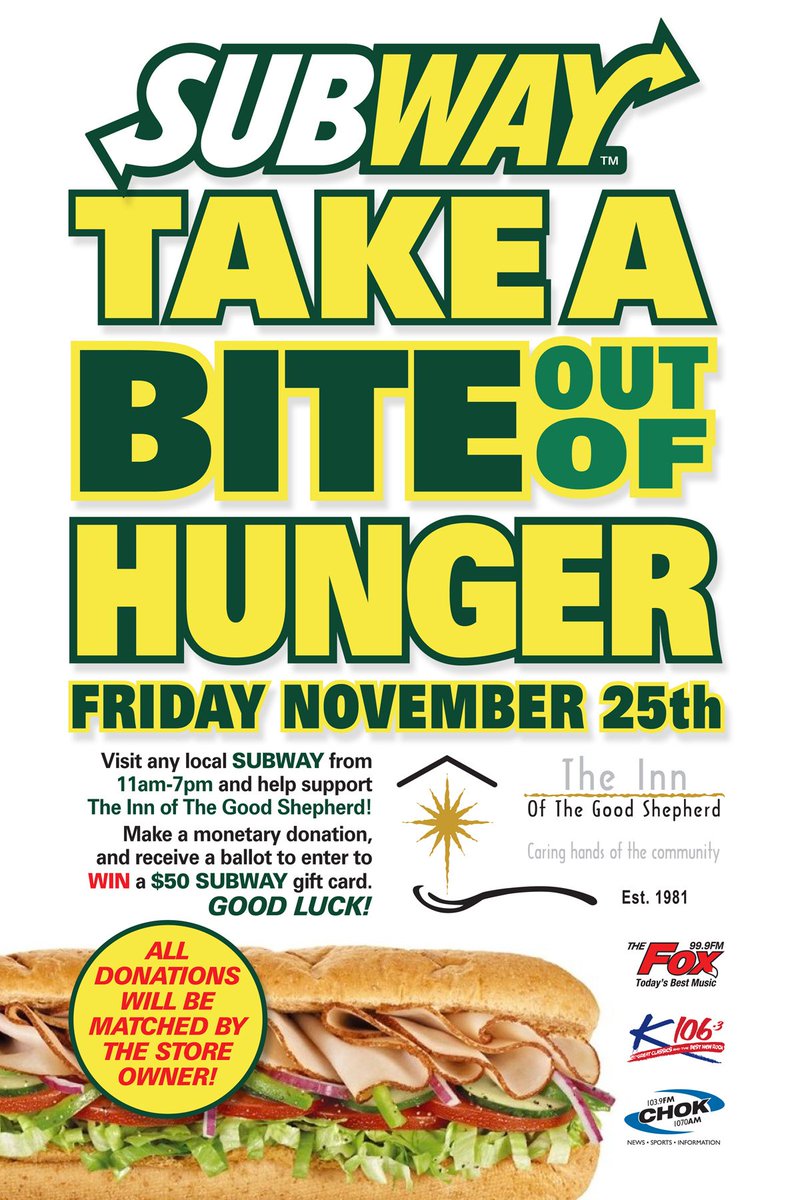 TAKE A BITE OUT OF HUNGER Friday Nov 25th at all Sarnia, Bright's Grove and Corunna Subway Locations. Subway will match any donations!!!!