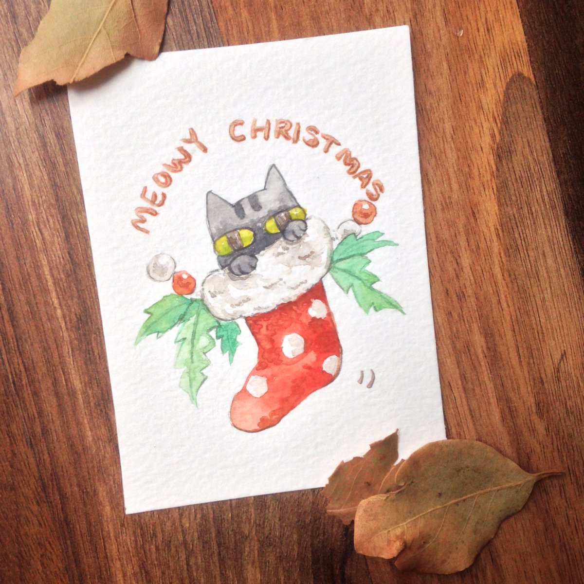 forkxfork's tweet photo. #Christmas come early Mini #postcard 10x7.5 (cm)  #Cat #Illustration #Watercolour https://t.co/m4MxaXeg8J