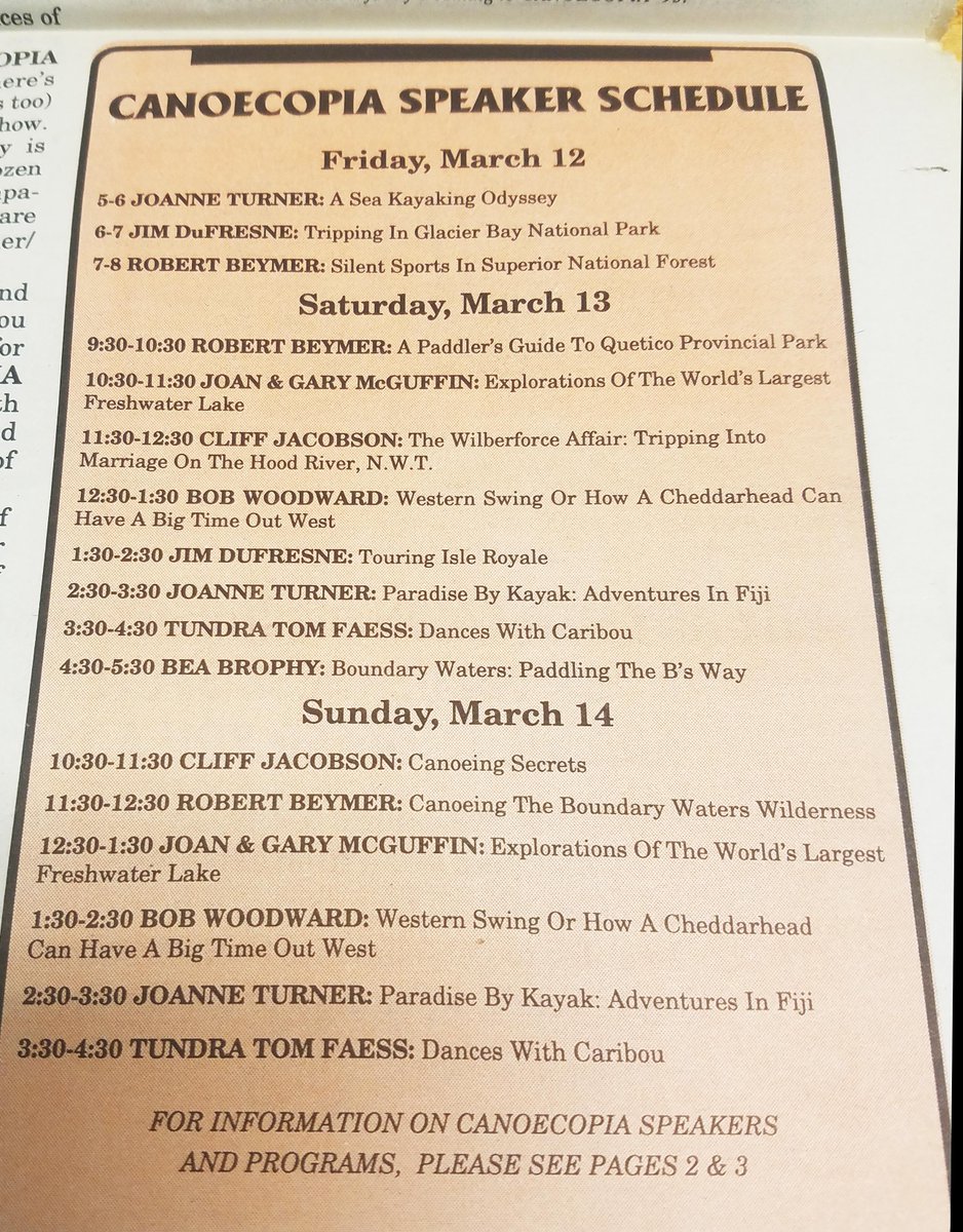 Here's a quiz: who on this 1993 list of Canoecopia speakers still comes to the show, 23 years later?  Hint: Rhymes with Jiff Clacobson.