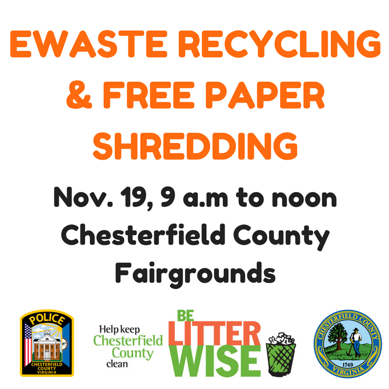 ChesterfieldVa's tweet image. Tomorrow - recycle your old electronics, and bring documents to shred for free! 9 a.m.-noon, Chesterfield County Fairgrounds