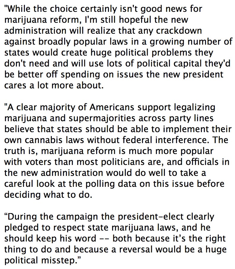JoinTheMajority's tweet photo. Here’s Marijuana Majority’s statement reacting to the news that President-elect Trump has chosen US Sen. Jeff Sessions for attorney general: https://t.co/zdXMNGrl1C