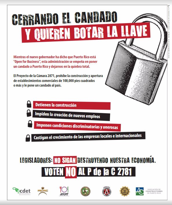 LGAStrategies's tweet photo. Nos quieren cerrar el candado y botar la llave! Vota NO al #PC2871 que prohíbe la contrucción y desarrollo de nuevos centros de comercio. https://t.co/aQc2rpvArS