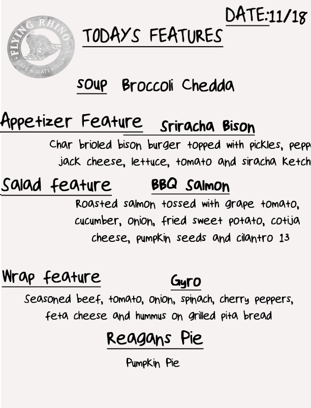 Check out our lunch specials! #FlyingRhinoCafe