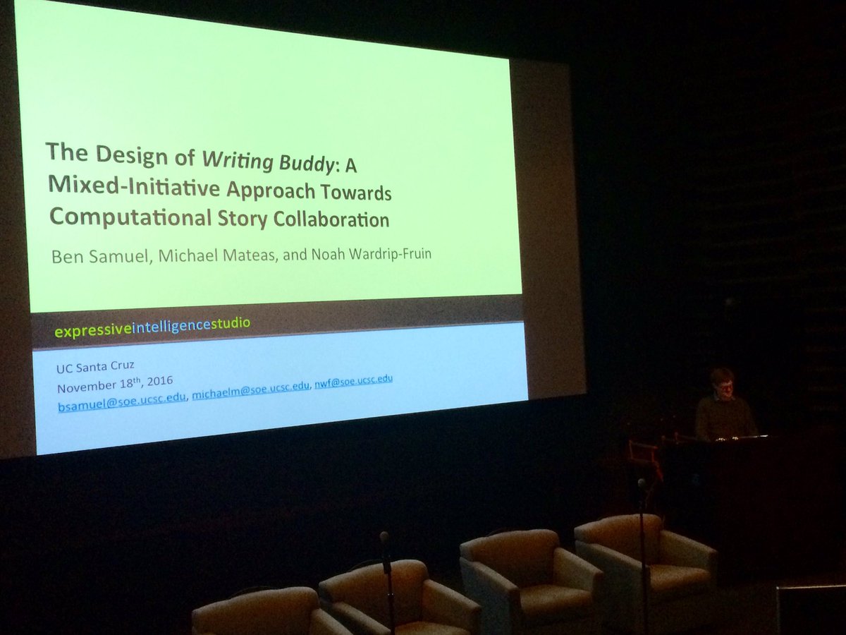 xfoml's tweet photo. .@ThisIsBenSamuel back again with a talk about his system for shared authorship with computers! #ICIDS2016 https://t.co/Nl44YCFkqP