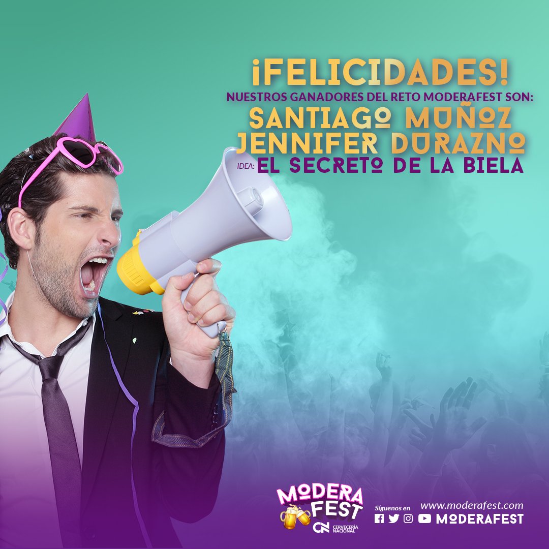 ModeraFest's tweet photo. Felicitaciones a los ganadores del reto moderafest, Santiago Muñoz y Jennifer Durazno con su idea...El secreto de la Biela #moderafest2016 https://t.co/RmeZmqFRTZ