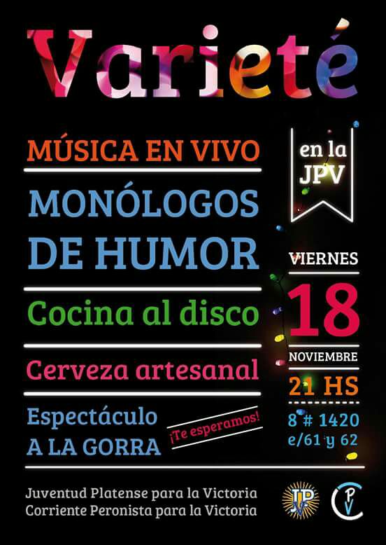 JPVLaPlata's tweet photo. #HOY #Viernes18 en #LaPlata tenes #VarietéCultural te esperamos!! 
#ViernesDeGanarSeguidores #ViernesSocial #VIERNES https://t.co/lKsIUYZc0k