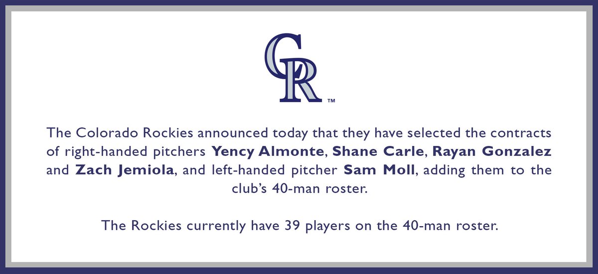 Rockies's tweet photo. We've selected the contract of five pitchers, adding them to the 40-Man Roster. https://t.co/qOm9Paajto