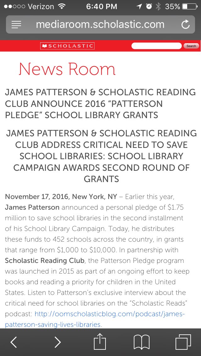 rubyrockets615's tweet image. Thx to #PattersonPledge, we received a grant of $4000 from @JP_Books and @ScholasticClub. Thx, James Patterson!