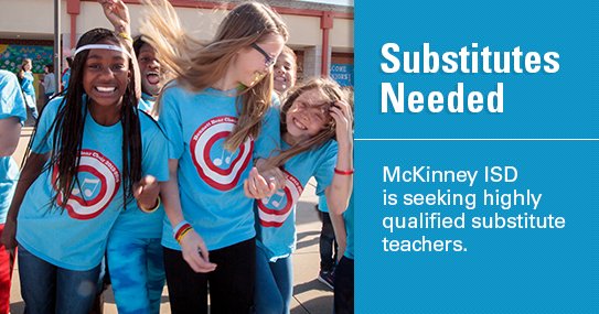 Become an MISD substitute teacher and make a difference in the life of a student! 
For info: mckinneyisd.net/employment/sub…