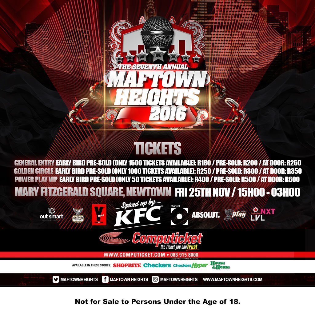heightsafrica_'s tweet photo. #MaftownHeights2016 tickets are avail on @Computicket! Purchase now to avoid disappointment! #Motswako #FriendsOfMotswako #NewKidsOnTheBlock https://t.co/2S9b4e2fpi